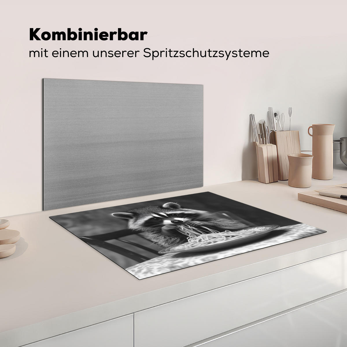 HERDABDECKPLATTE Waschbär - Niedlich - Pasta - Tischtuch - Schwarz - Weiß Herdabdeckung Induktionsfeld 70x52 cm - Grau, Kunststoff (70/52/0.2cm) - MuchoWow