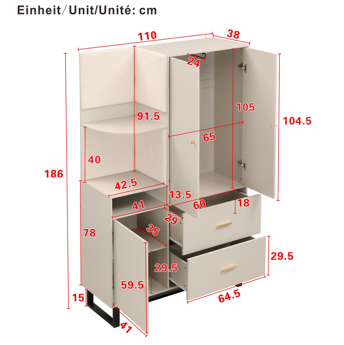KOMPAKTGARDEROBE 110/38/186 cm aus MDF mit gepolsterten Paneelen Graubeige - Beige, Holzwerkstoff (110/186/38cm) - Modenvie