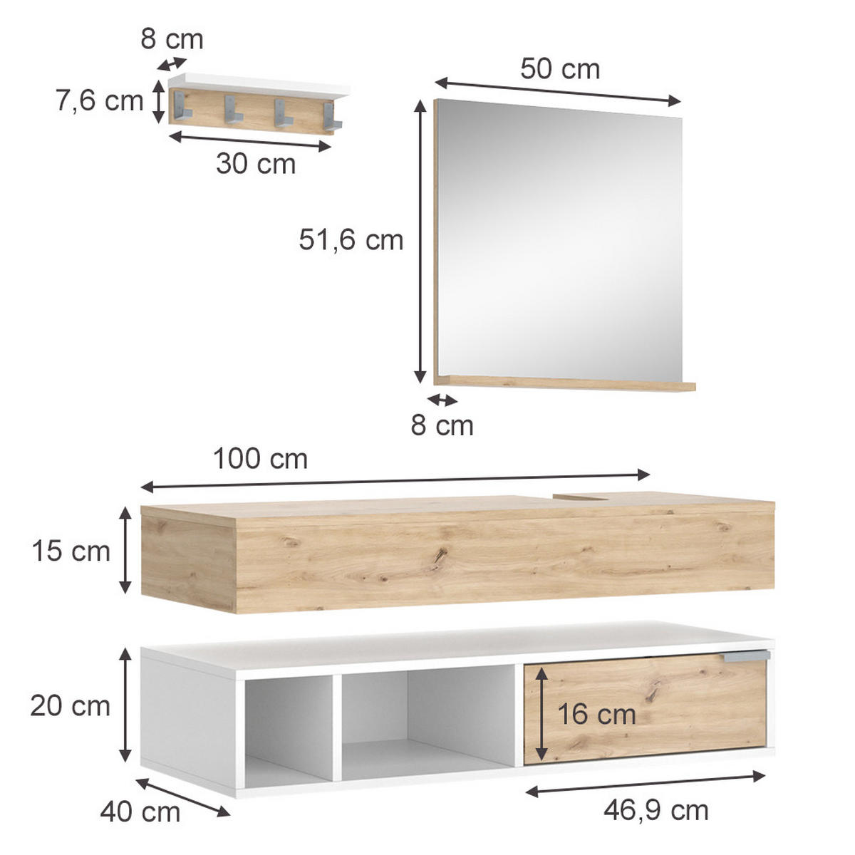 BADMÖBEL-SET Henri Weiß 4 Teile - Weiß/Eiche Artisan, Holzwerkstoff (100/20/40cm) - Vicco