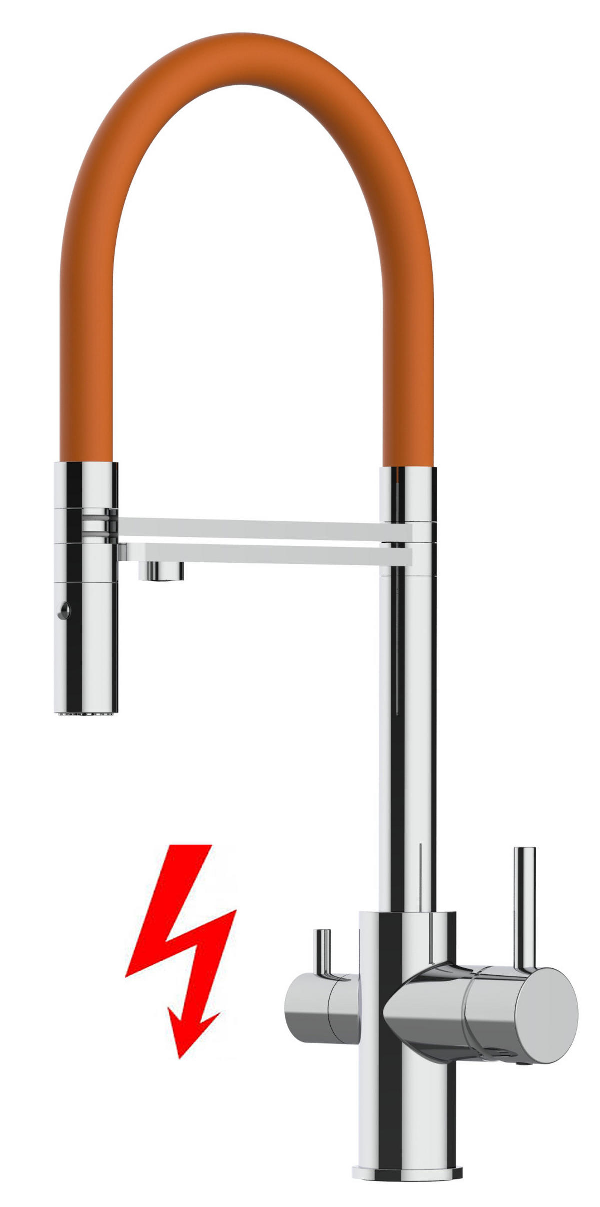 NIEDERDRUCK-3-WEGE-KÜCHENARMATUR, Verchromt und Orange, 2-Strahl-Brause - Orange, Metall (20.8/50.8/20.8cm) - VIZIO