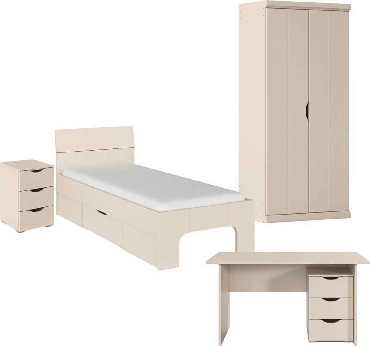 JUGENDZIMMER Frieda in Beige 5-teilig mit 2 türigem Kleiderschrank ohne Schubkästen, 90er Jugendbett, Nachttisch, Schreibtisch mit Container - Beige, Holzwerkstoff (80/200/120cm)