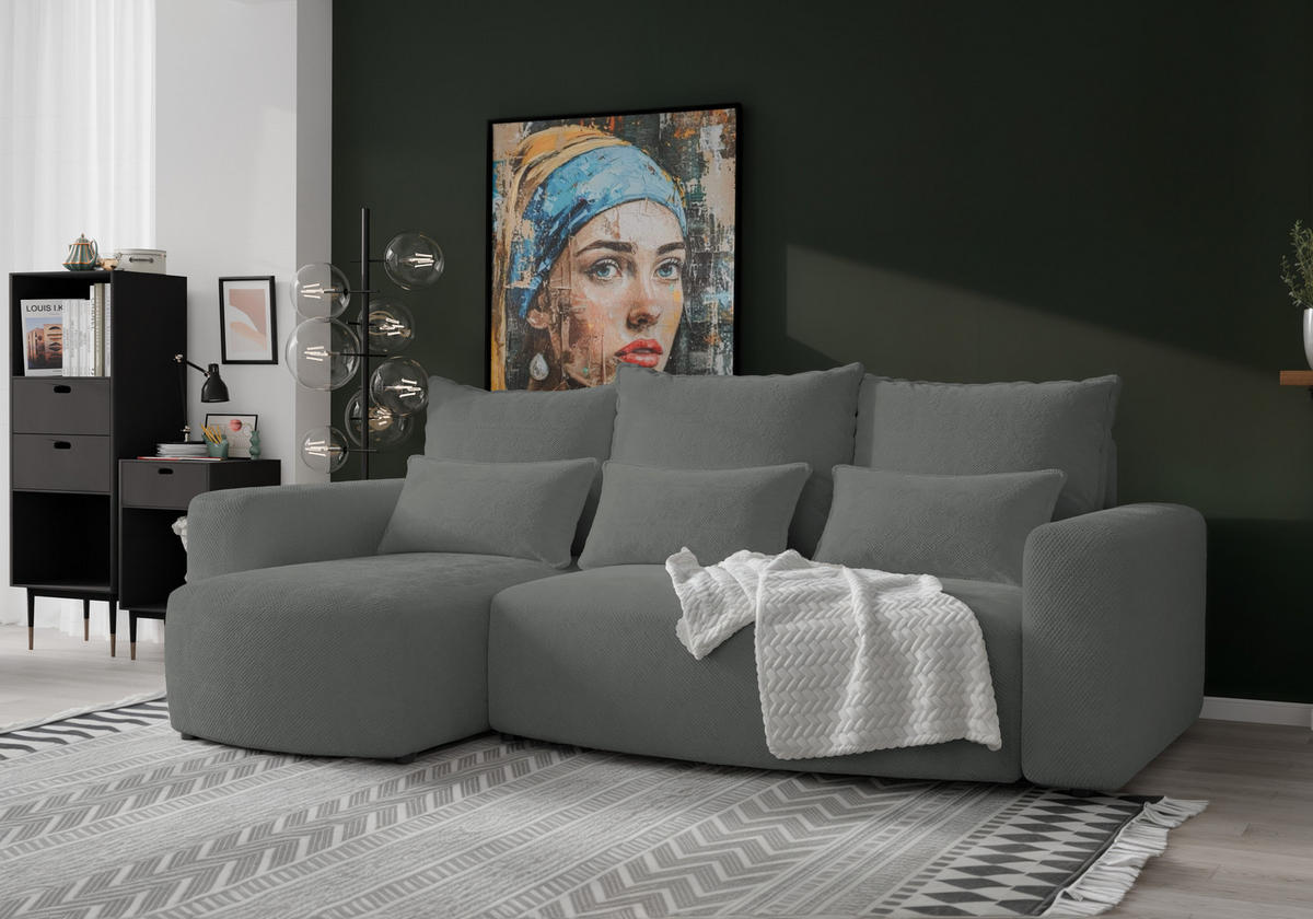 ECKSOFA Travis mit Bettkasten und Schlaffunktion, L-Form, Cord, Universal - Grau, Holzwerkstoff (248/148cm) - 4ALL HOME