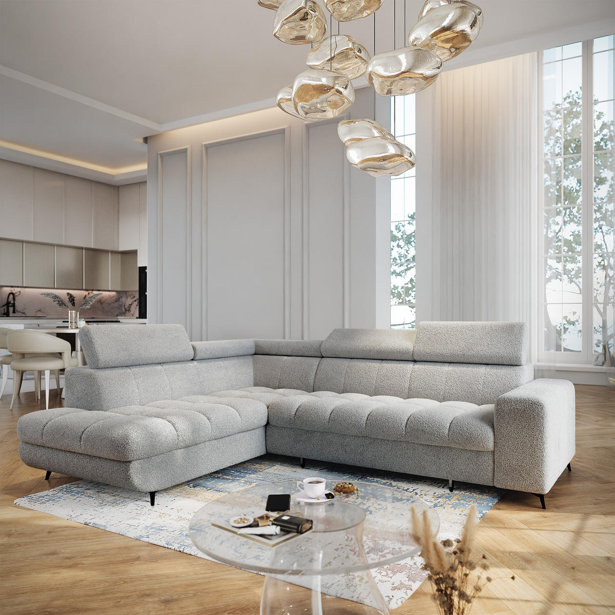 ECKSOFA MORIVA Q L-S Hellgrau Boucle-Stoff mit Schlaffunktion - Hellgrau, Holzwerkstoff/Textil (253/190cm) - MASSENO