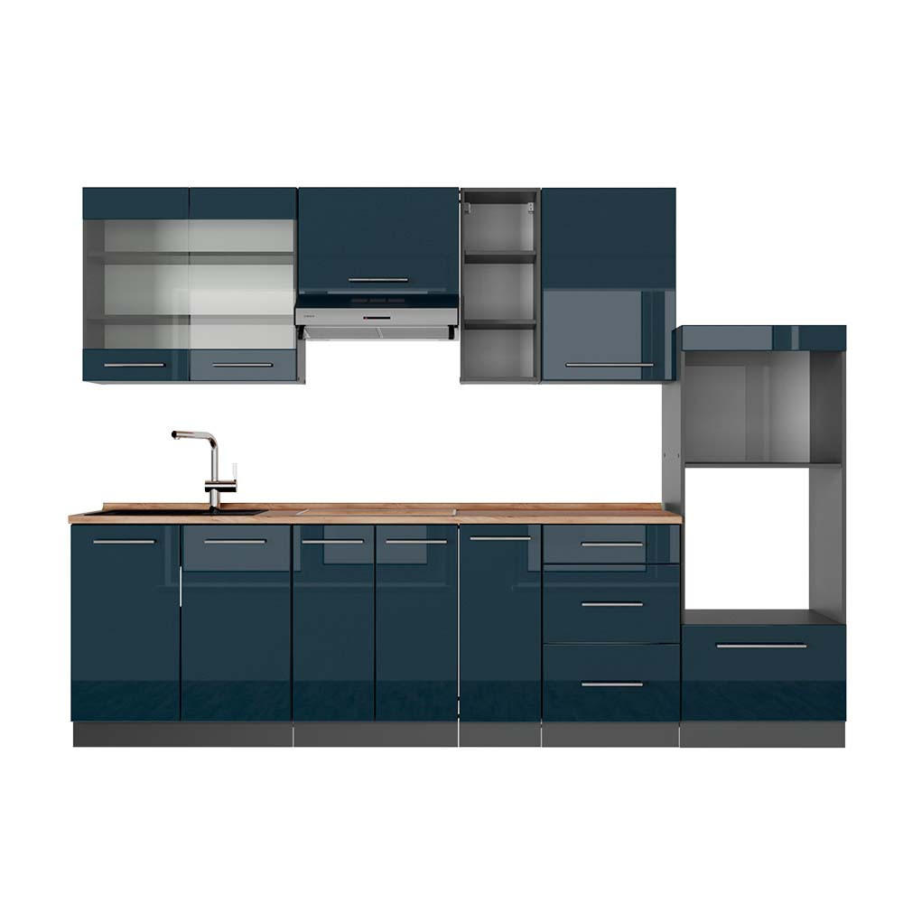 KÜCHENZEILE Fame-Line Dunkelblau Hochglanz/Anthrazit 280 cm, AP Eiche - Anthrazit/Dunkelblau, Holzwerkstoff (280/81.6/60cm) - Vicco