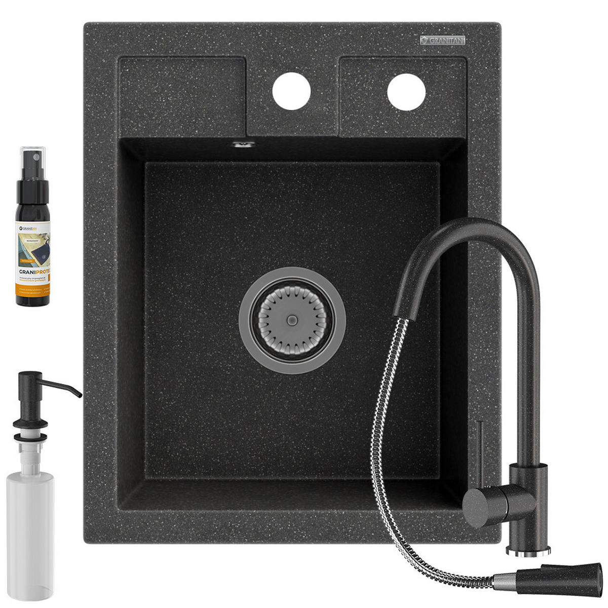 SPÜLBECKEN Best mit Batterie Siphon - Schwarz, Kunststoff/Stein (50/40/18cm) - Granitan