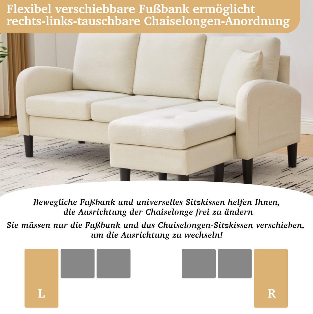 ECKSOFA Baumwoll-Leinenbezug mit modularer Chaiselongue Hellbeige 166/118/77 cm - Beige/Weiß, Textil (166/118cm) - Redom