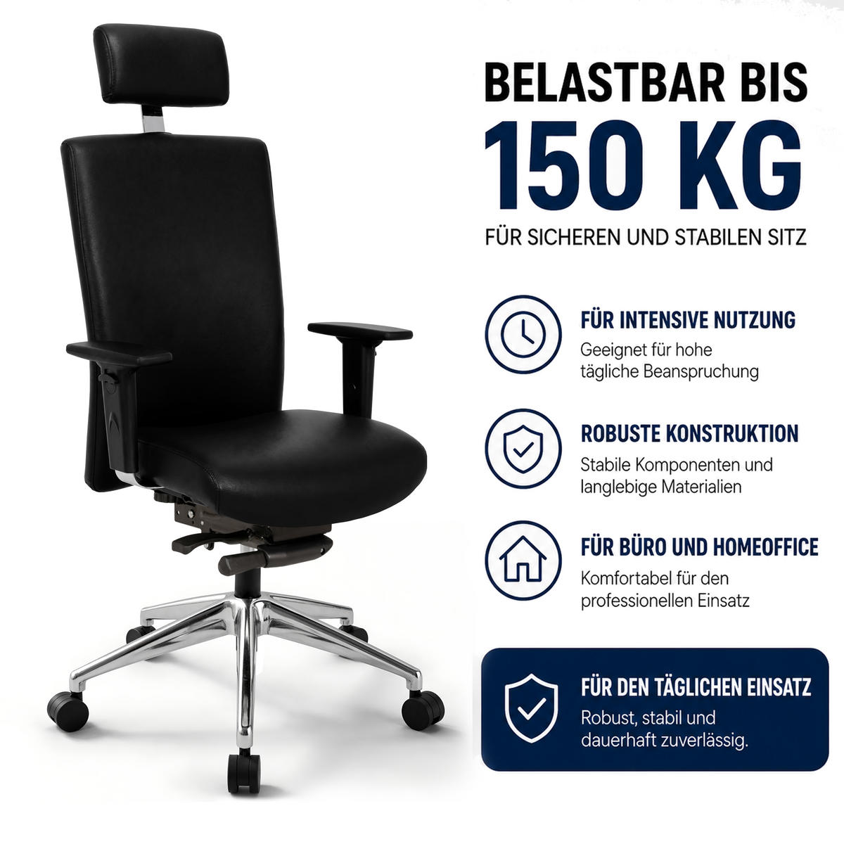 CHEFSESSEL Terox Leder Schwarz - ergonomisch, 150 kg belastbar, Sitzhöhe 48-60cm - Schwarz, Kunststoff/Textil (65/112/60cm) - Versee