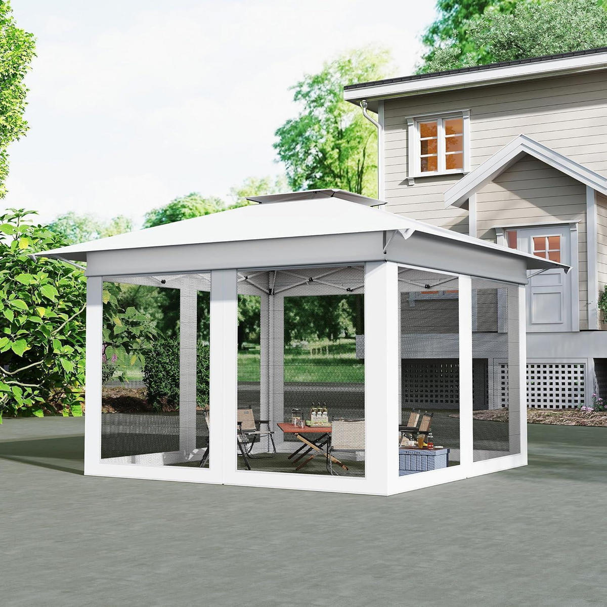 PAVILLON 4x4m mit Moskitonetz und Doppeldach Höhenverstellbar Weiß - Weiß, Metall (300/285/400cm)
