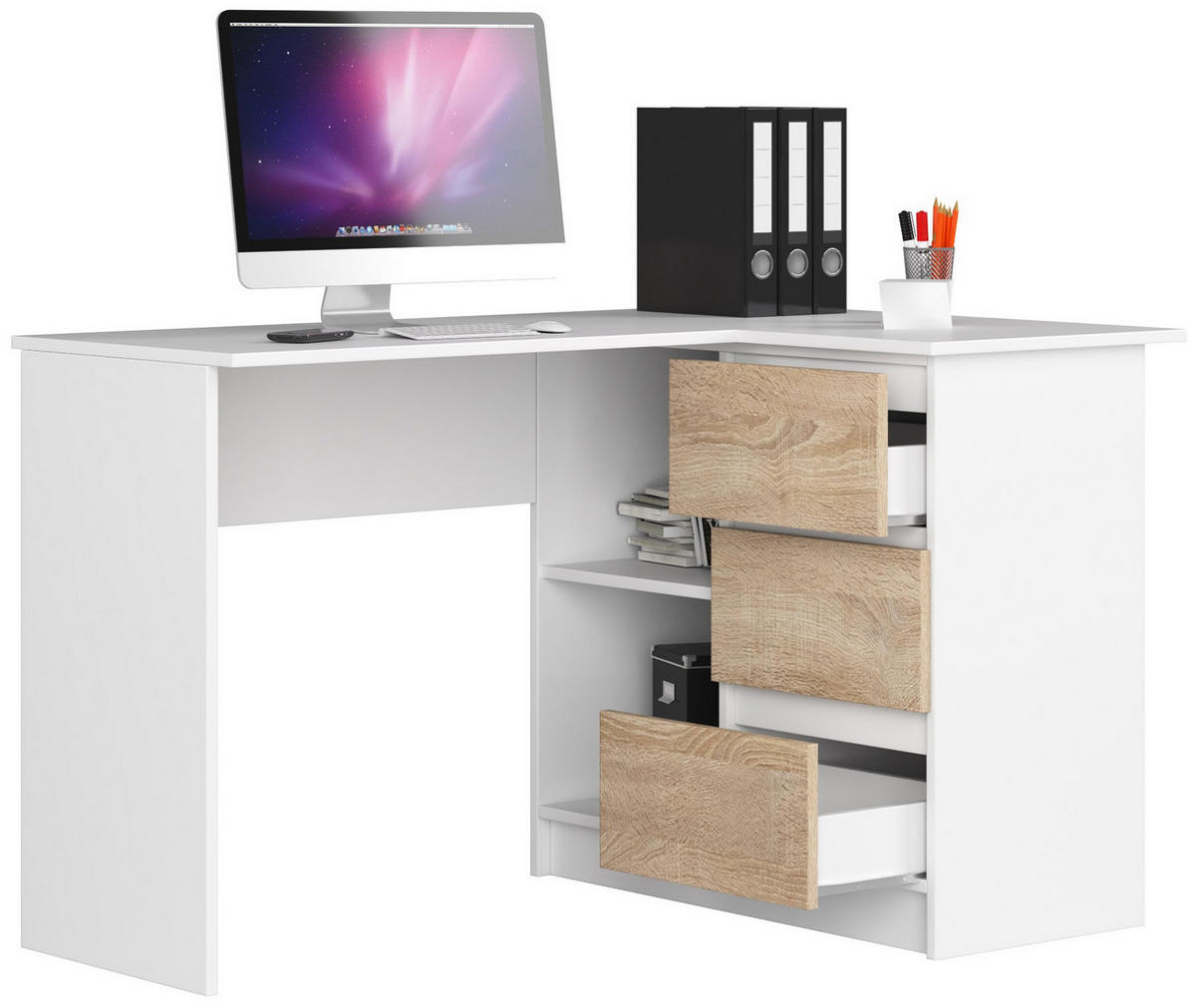 ECKSCHREIBTISCH Weiß, Sonoma Eiche 124x85x77 cm - Weiß/Sonoma Eiche, Holzwerkstoff (85/124/77cm) - Akord