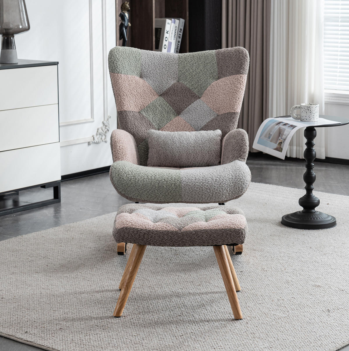 HOUPACÍ židle 93 cm barevné, sametové, s podnožkou a bederním polštářem - různobarevná, textil (83/91/68cm) - BEAOK