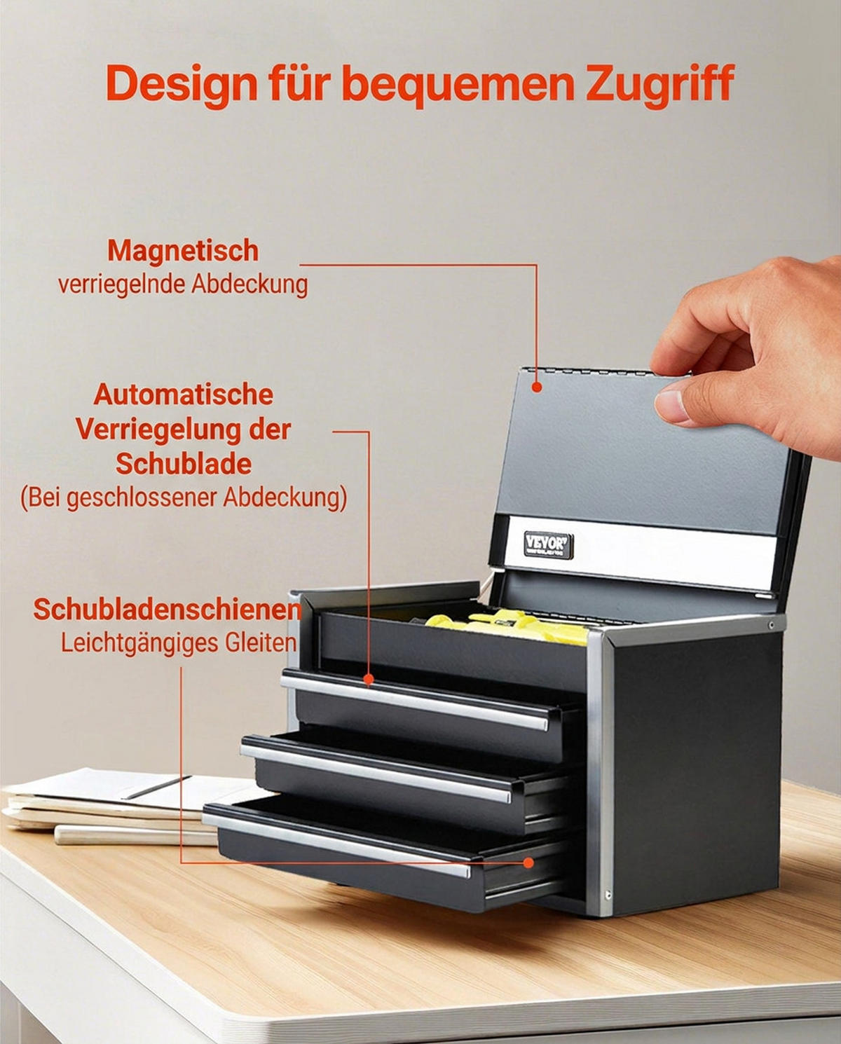 WERKZEUGKOFFER Tragbarer Metall 8,6 Zoll, 3 Schubladen Kugelgelagert - Schwarz, Metall (10/10/10cm) - Raelunyi