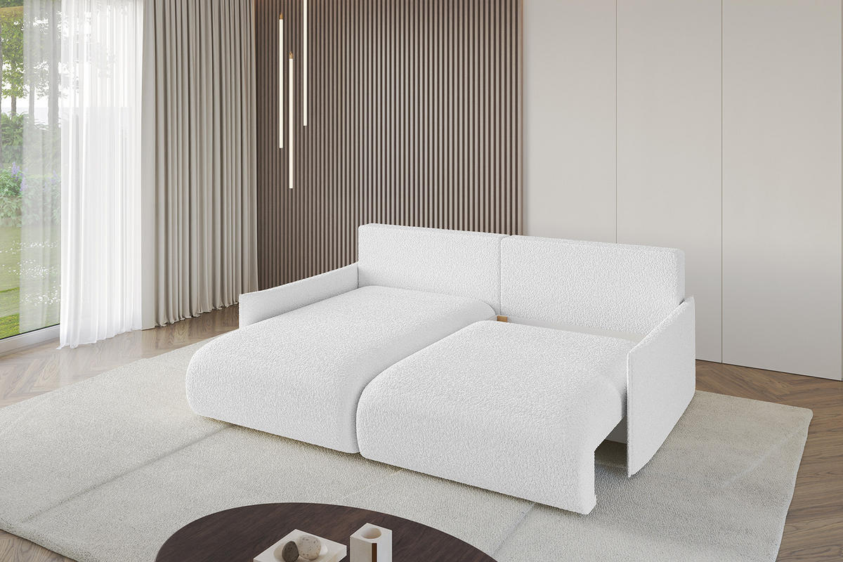 ECKSOFA mit Schlaffunktion und Bettkasten ONESK-L -v1 208x165x40 Weiß Bouclé - Weiß, Holzwerkstoff/Kunststoff (208/165cm) - ALTDECOR