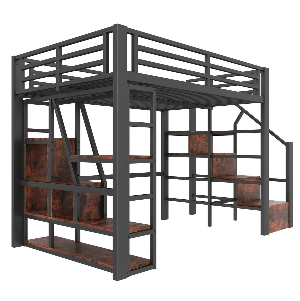 HOCHBETT 140/200 cm in Schwarz – mit Stauraumtreppe, Rausfallschutz und LED - Schwarz, Holzwerkstoff (140/200cm) - BEAOK