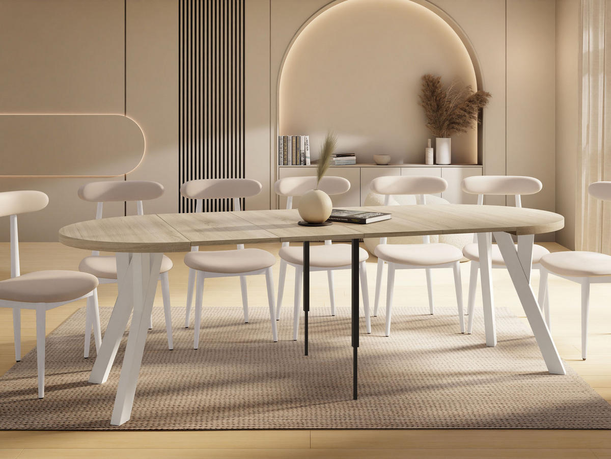 ESSTISCH Vero Weiß rund ausziehbar verlängerbar, Eiche Sonoma Hellbraun 100-300/100/77 cm - Weiß/Sonoma Eiche, Holz/Holzwerkstoff (100/100/77cm) - WFL GROUP