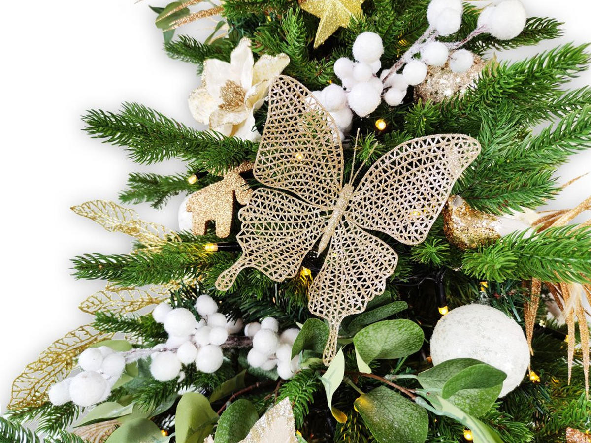 WEIHNACHTSBAUM künstlicher 150 cm, CHAMPAGNEGLANZ, mit 106-teiligem Weihnachtsbaumschmuck, inkl. Metallständer und Aufbewahrungsbox - Champagner/Goldfarben, Kunststoff/Metall (104/150cm) - LAALU