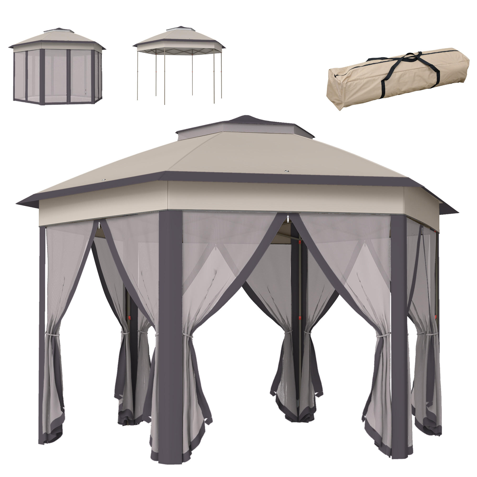 FALTPAVILLON, Weiß, Metall, Polyesterstoff, Mesh - Braun, Metall (405/285/405cm) - Outsunny