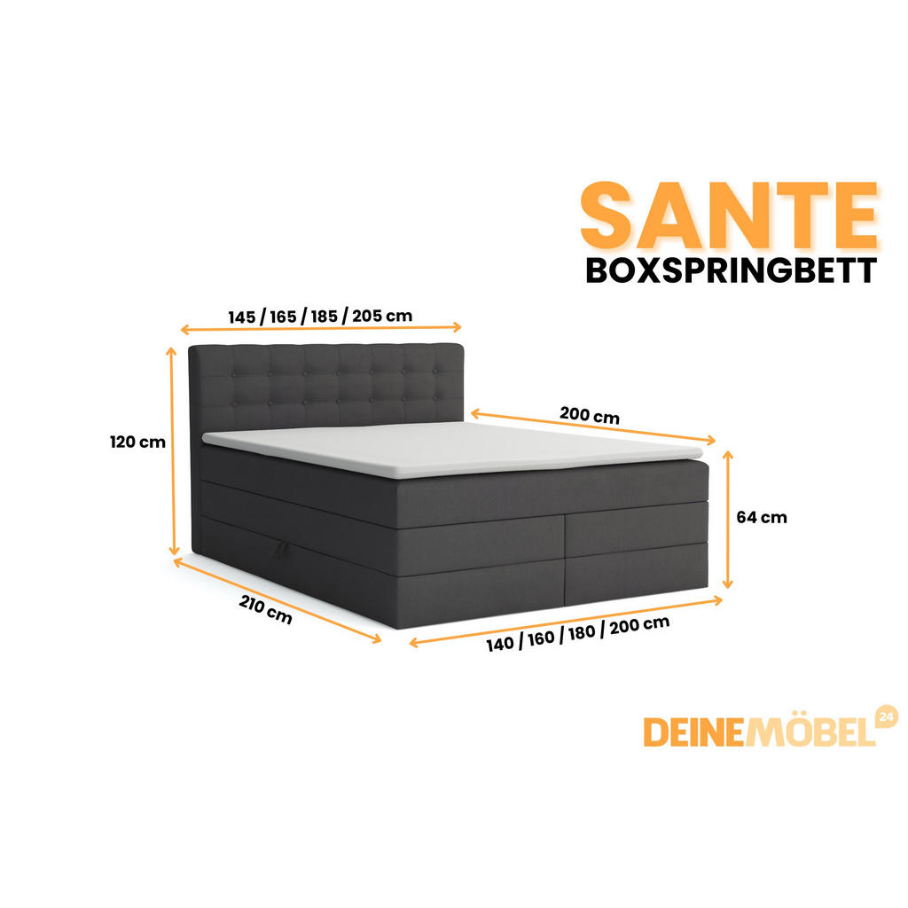 Thumbnail - Deine Möbel 24 Boxspringbett, Anthrazit, Holzwerkstoff, Holz, Textil, H3, 160x200 cm, Schlafzimmer, Betten, Boxspringbet...