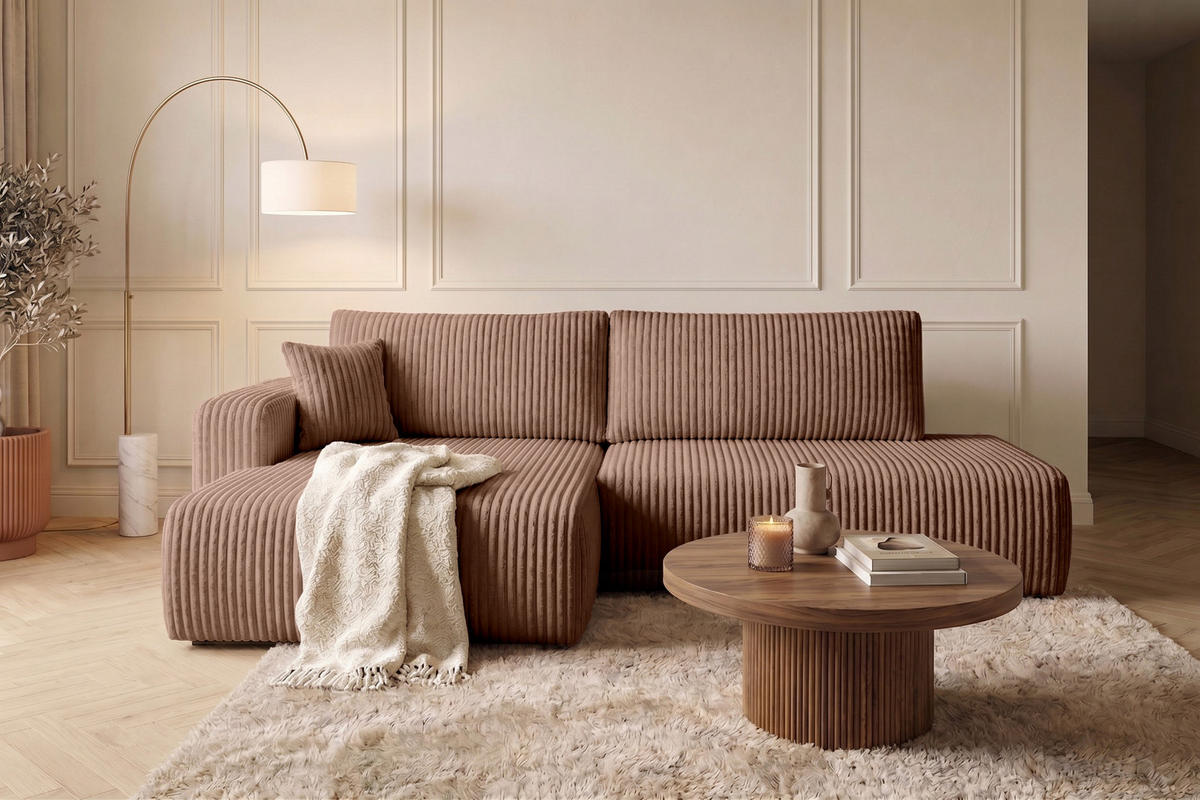ECKSOFA Mit Schlaffunktion Und Bettkasten, Cordstoff Tilia, Braun, Links, OPEN XL - Braun, Holz (262/145cm) - Kaiser Möbel