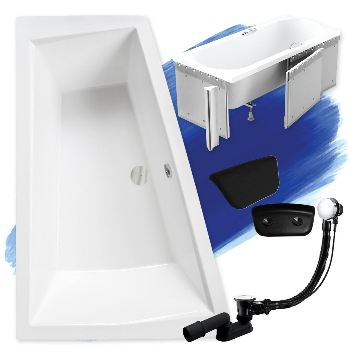 BADEWANNE Eckwanne INTIMA Links 180/125 + Styro + Kopfstütze Ablauf Füße - Weiß, Kunststoff (125/55.5/180cm) - bad land