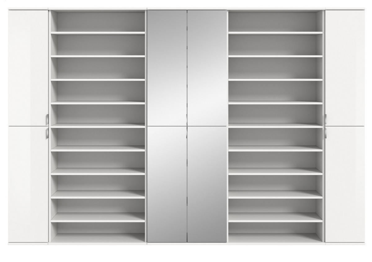 GARDEROBENSCHRANK mit Spiegltüren, weiß Hochglanz 281 cm, Schuhschrank XXL - Chromfarben/Weiß Hochglanz, Glas/Holzwerkstoff (281/193/34cm) - Inn.Furn