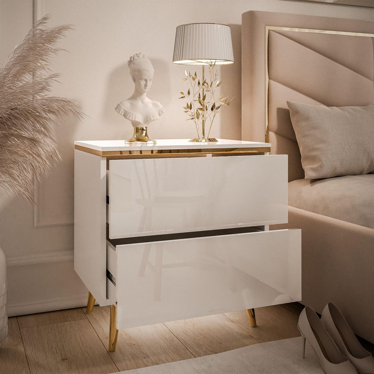 NACHTTISCH AURORA II auf schräge Gold Chrom Beine Weiß / Weiß hochglanz - Weiß Hochglanz/Goldfarben, Holzwerkstoff/Metall (50/53/37cm) - Lookway