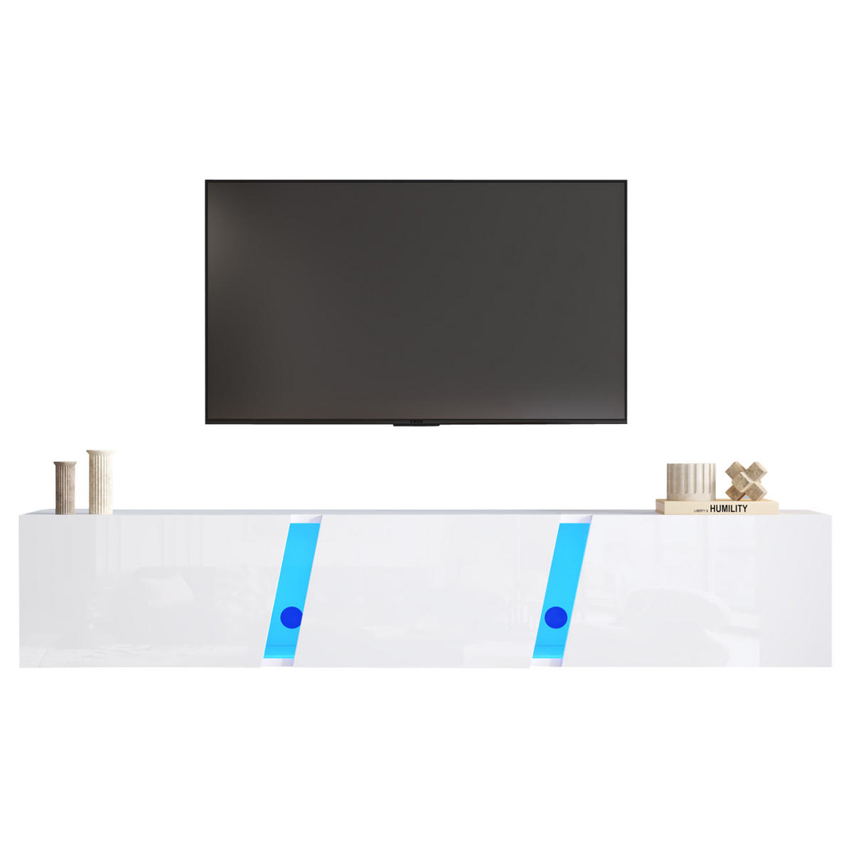LOWBOARD 180/35/30 cm in Weiß, wandmontiert mit LED-Beleuchtung und 3 Klapptüren - Weiß, Holzwerkstoff (180/30/35cm) - Flora Grace