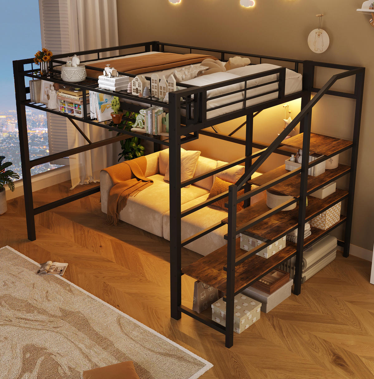 HOCHBETT 140/200 cm aus Metall und MDF mit LED-Lichtleiste, Schwarz - Schwarz, Holzwerkstoff (140/200cm) - OKMYHOME