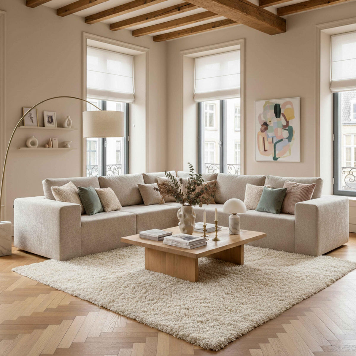 MODULSOFA mit 5 Sitzplätzen, Ekru - Weiß, Textil (275/275cm) - Oviala