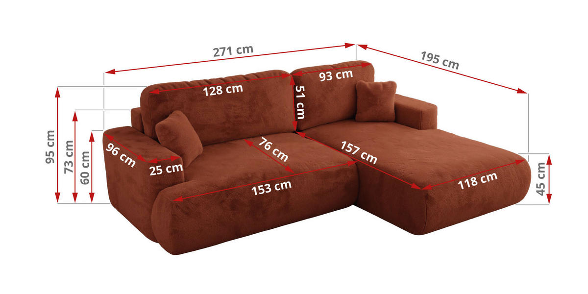 ECKSOFA OVO L Orange Plüsch - Rechts Seite - Schwarz/Orange, Kunststoff/Textil (195/271cm) - MKS