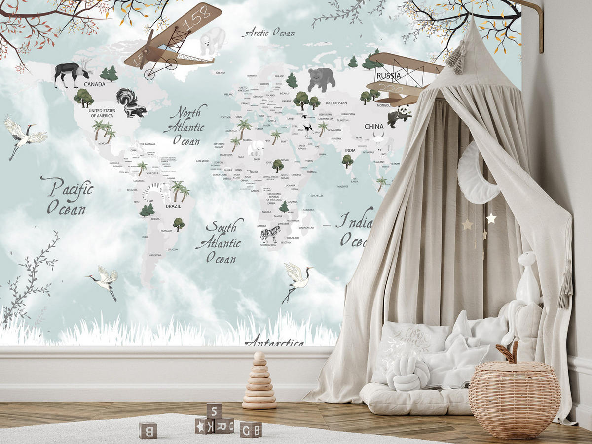 FOTOTAPETE für Kinderzimmer Weltkarte Tiere Flugzeuge Pflanzen 400x280 - Blau/Beige, Papier (400/280cm) - Muralo