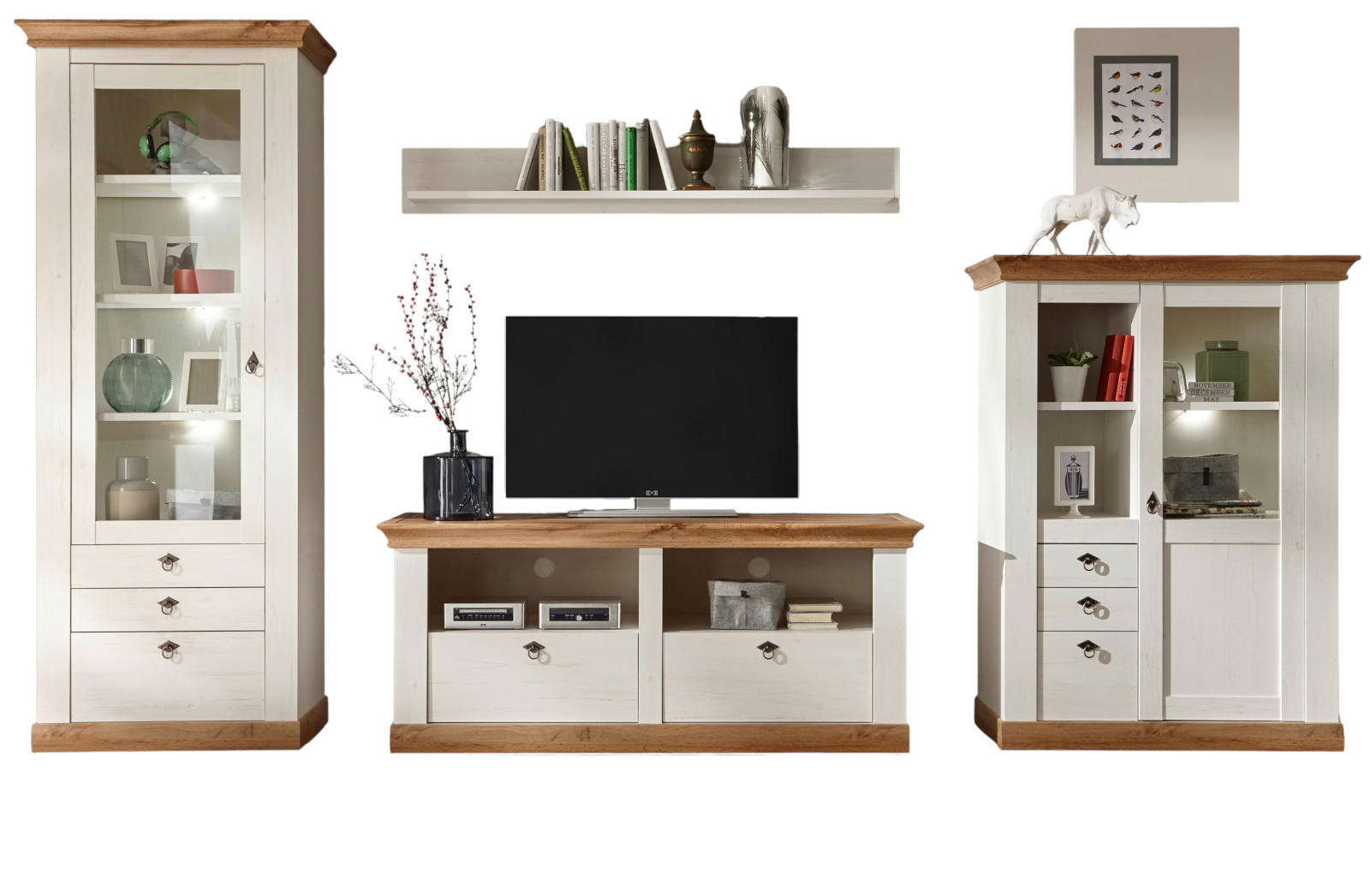 WOHNWAND Pinie weiß, Eiche Wotan 4-teilig 356 cm, Wohnkombination im Landhaus-Stil - Silberfarben/Eiche Wotan, Glas/Holzwerkstoff (356/204/52cm) - Furn.Design