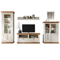 WOHNWAND Pinie weiß, Eiche Wotan 4-teilig 356 cm, Wohnkombination im Landhaus-Stil - Silberfarben/Eiche Wotan, Glas/Holzwerkstoff (356/204/52cm) - Furn.Design