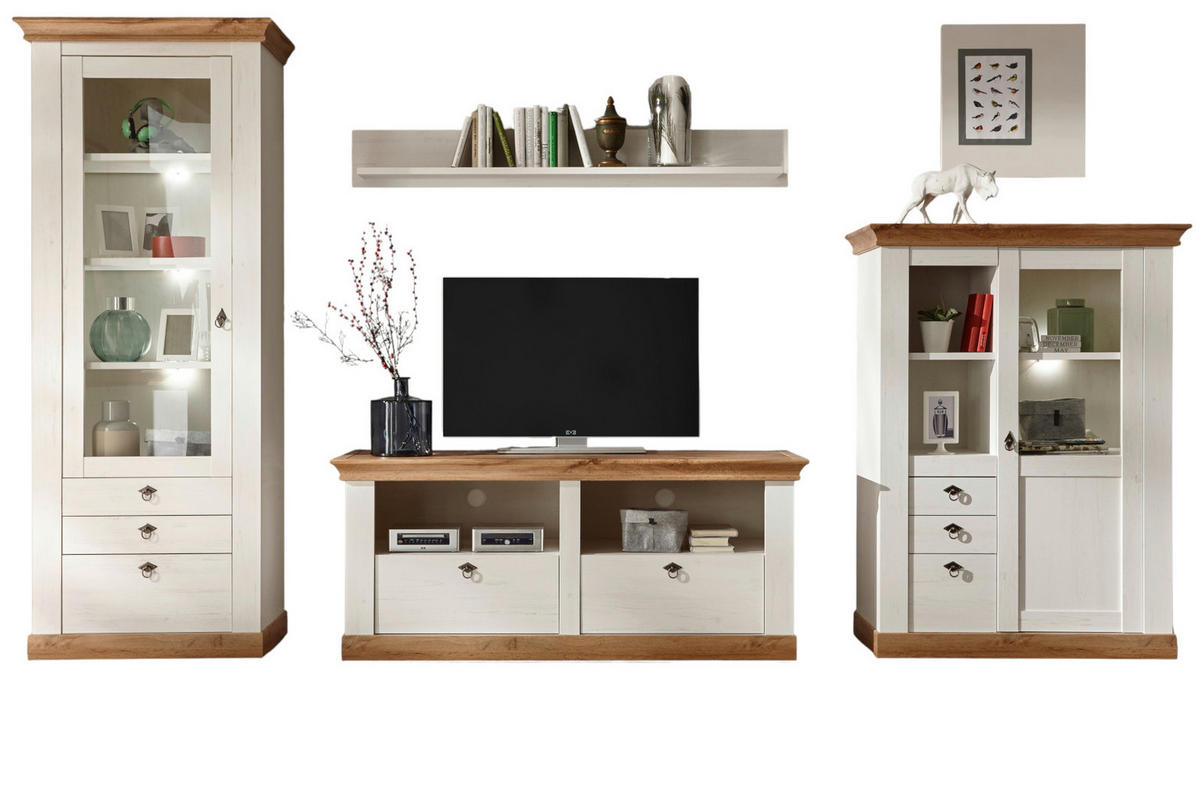WOHNWAND Pinie weiß, Eiche Wotan 4-teilig 356 cm, Wohnkombination im Landhaus-Stil - Silberfarben/Eiche Wotan, Glas/Holzwerkstoff (356/204/52cm) - Furn.Design