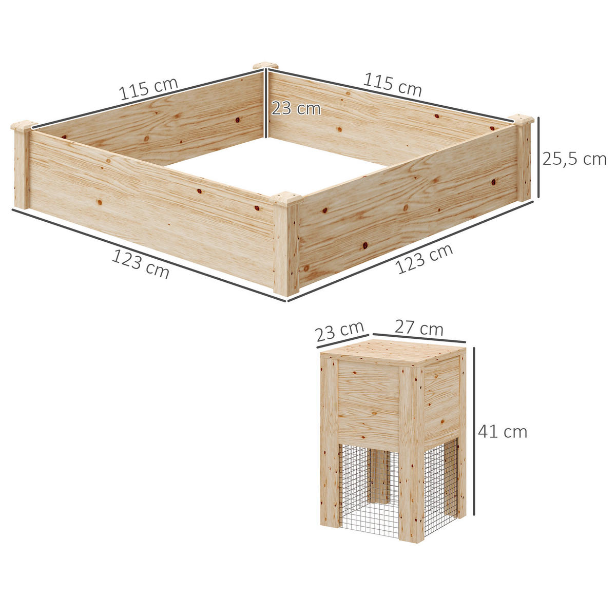 HOCHBEET DE-12229 123/123/25 cm mit Komposter Naturholz - Naturfarben, Holz (123/25.5/123cm) - ComfortXL