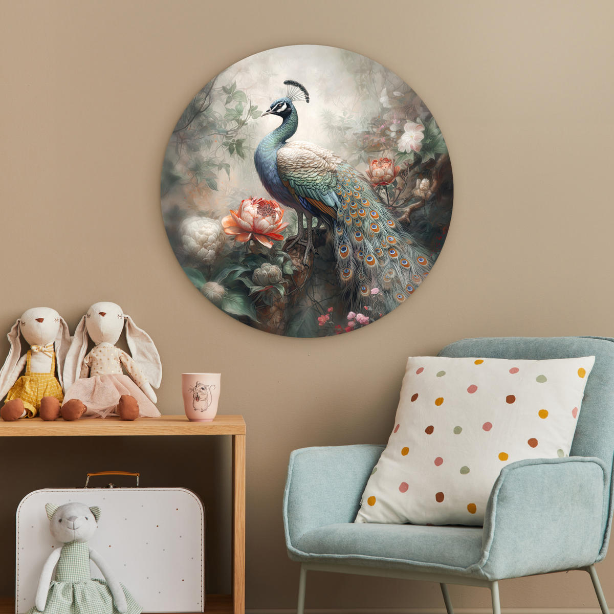 WANDBILD Pfau - Pfauenfedern - Vogel - Dschungel - Blumen Wanddeko Schlafzimmer 60x60 cm - Smaragdgrün, Kunststoff (60/60cm) - MuchoWow