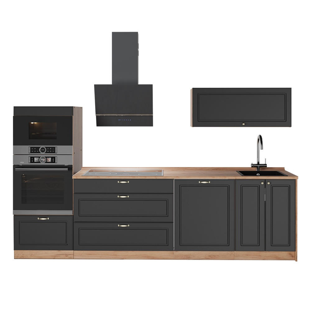 KÜCHENZEILE Fame-Line, Anthrazit-Gold Landhaus/Goldkraft Eiche, 280 cm, AP Eiche - Honigeiche/Anthrazit, Holzwerkstoff (280/153.6/60cm) - Vicco