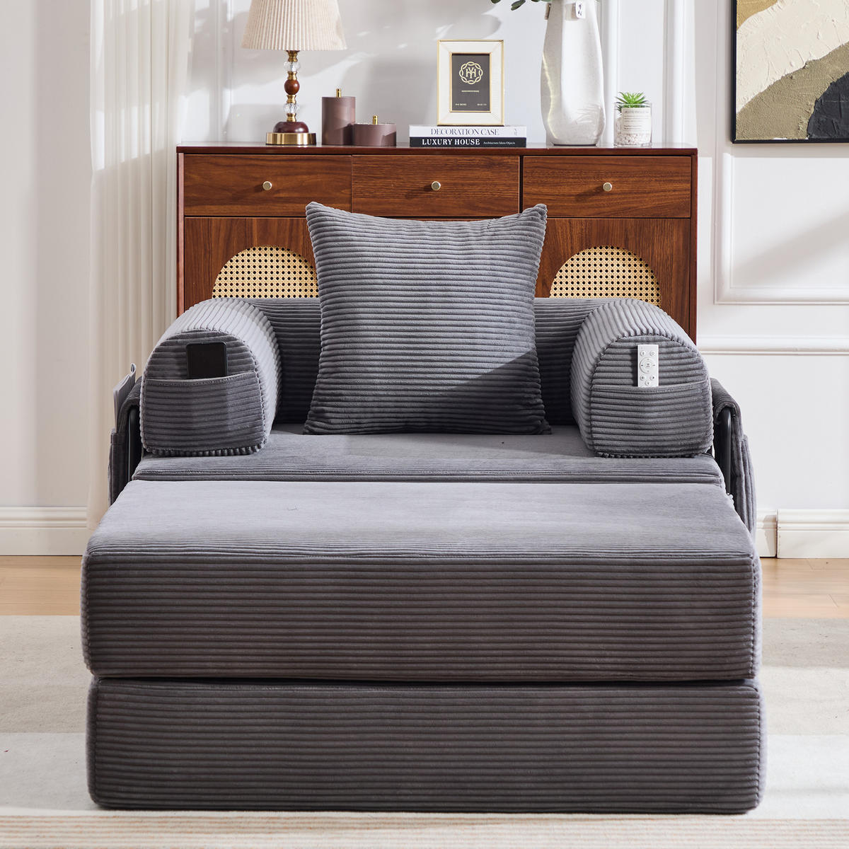 SOFA Cord Dunkelgrau mit Hocker, Kissen und Seitentasche - Dunkelgrau, Textil/Metall (112/67/190cm) - WISHDOR