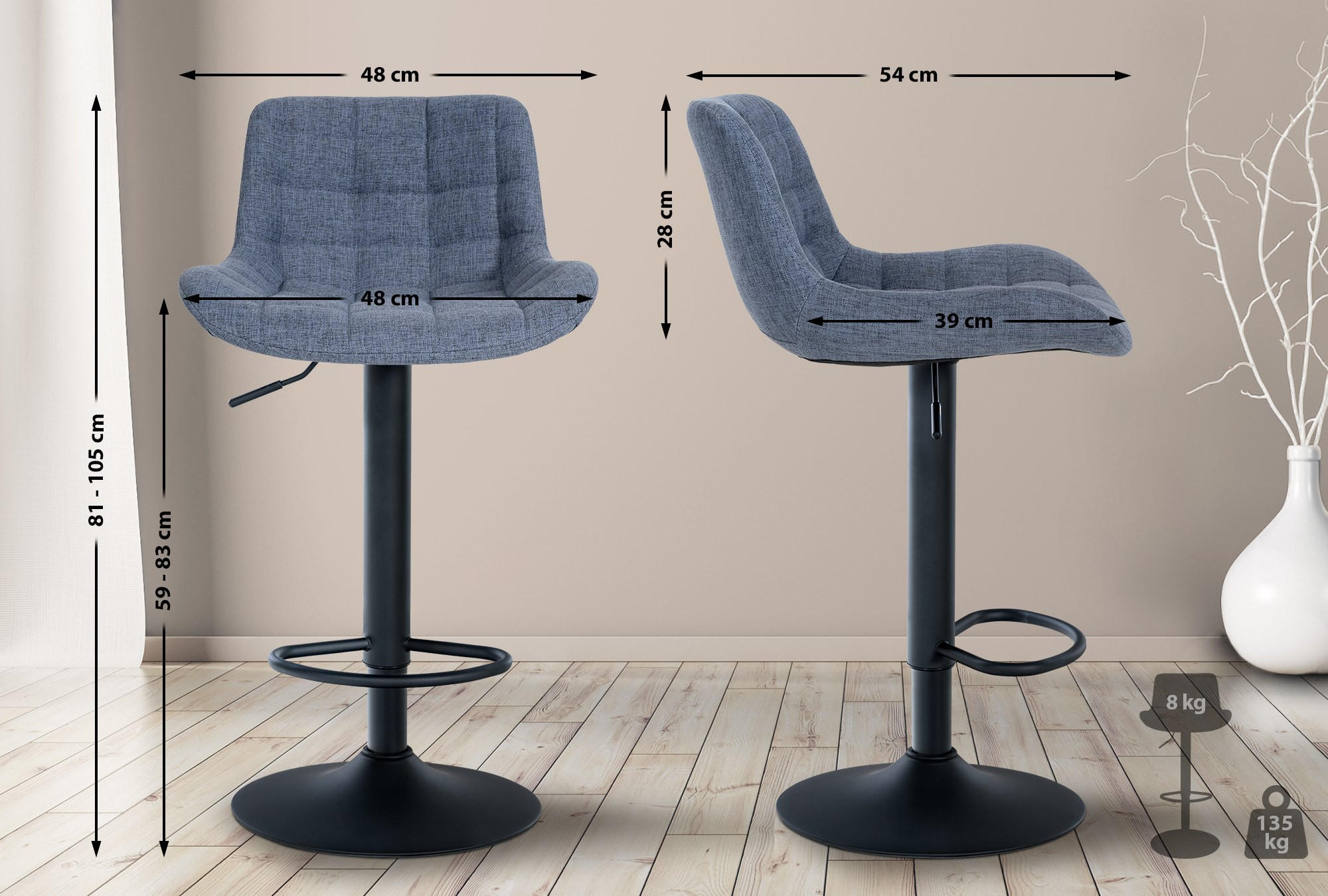 BARHOCKER Stoff blau - Blau/Schwarz, Textil/Metall (48/81/54cm) - CLP