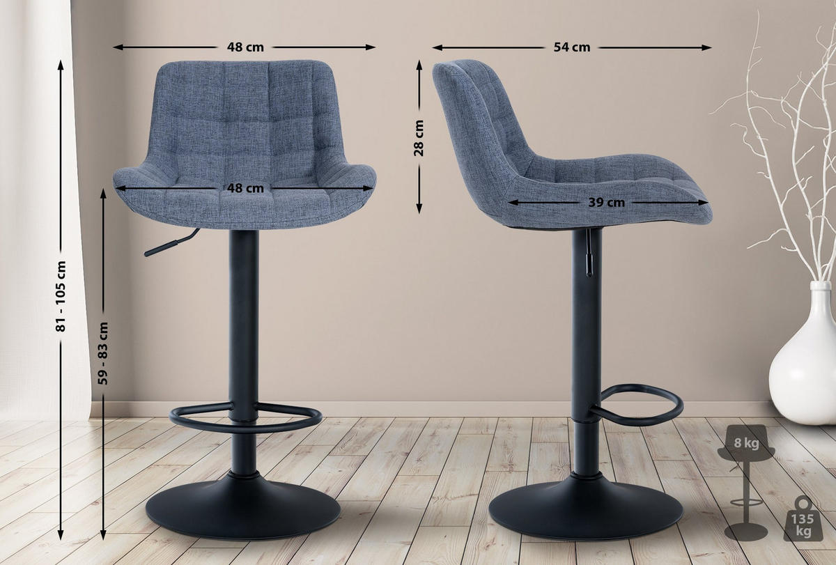 BARHOCKER Stoff blau - Blau/Schwarz, Textil/Metall (48/81/54cm) - CLP