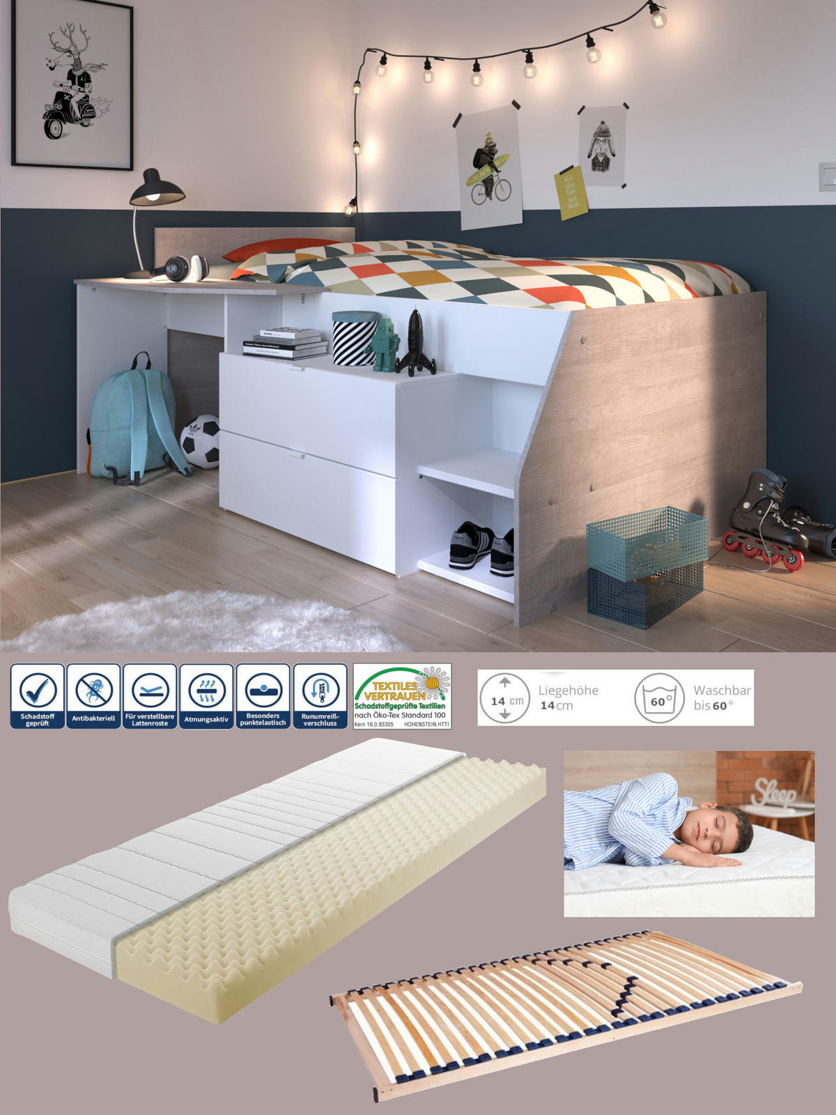 HOCHBETT Milky 1 in Weiß und Grey Loft 90 x 200 cm mit Lattenrost und Matratze - Hellgrau/Weiß, Holz (90/200cm) - Parisot Meuble
