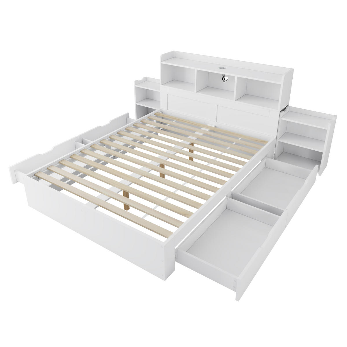 BETT 140/200 cm in Weiß mit 4 Schubladen, Ablage und Type-C - Weiß, Holz/Holzwerkstoff (140/200cm) - WISHDOR