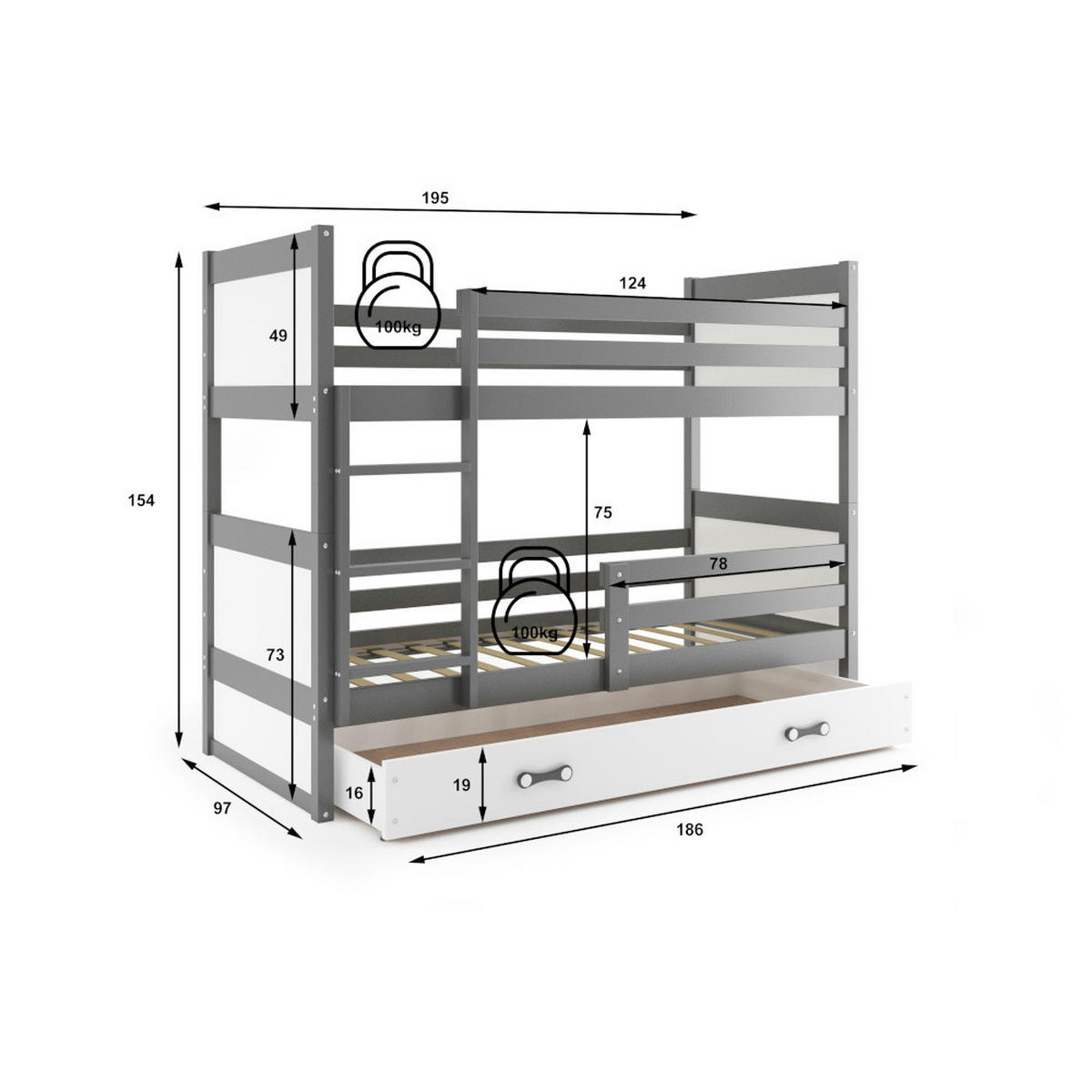 ETAGENBETT Rico mit Lattenrost und Schublade 190x90cm Grau - Weiß/Grau, Holz/Holzwerkstoff (90/190cm) - Interbeds