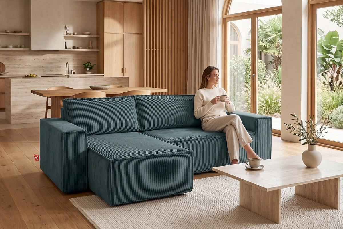 ECKSOFA-LINKS/RECHTS NAPI Schlaffunktion mit Cordbezug, Blau - Blau/Schwarz, Textil (262/148cm) - KONSIMO®
