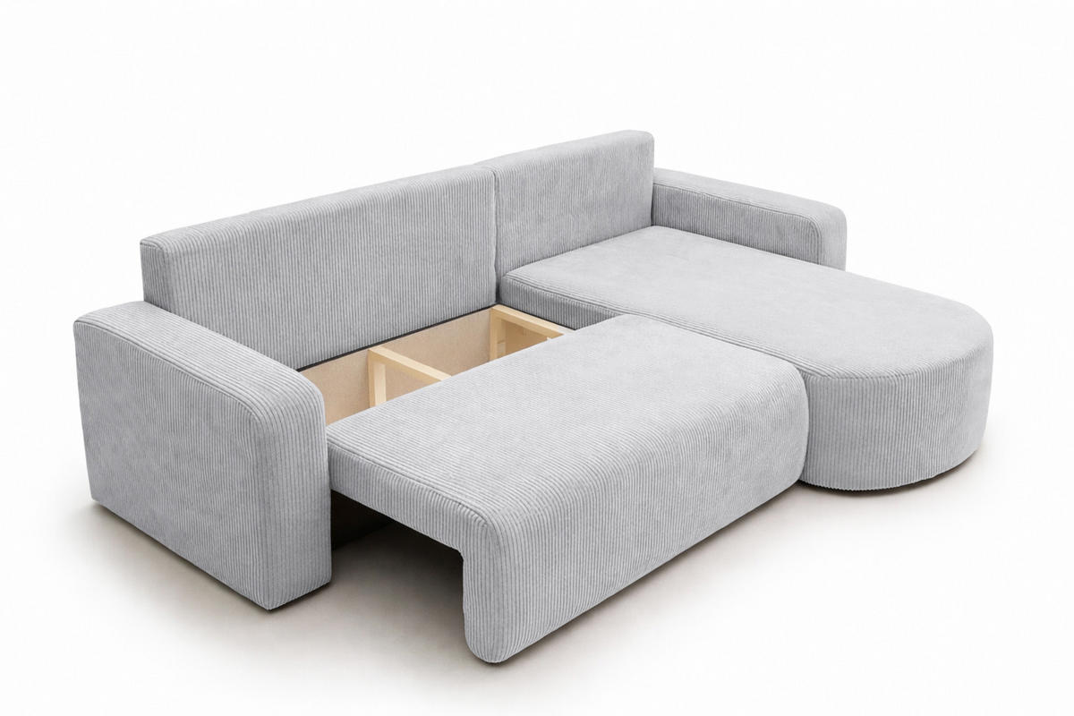 ECKSOFA Mit Schlaffunktion, Cordstoff Poso, Hellgrau, Rechts, ROUND ONE XL - Hellgrau, Holz (271/175cm) - Kaiser Möbel