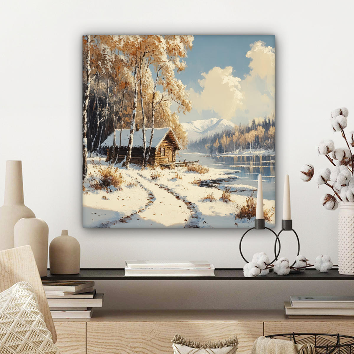 LEINWANDBILD Winter - Schnee - Zuhause - Natur Wandbild Wohnzimmer 50x50 cm - Hellbraun, Textil (50/50cm) - MuchoWow