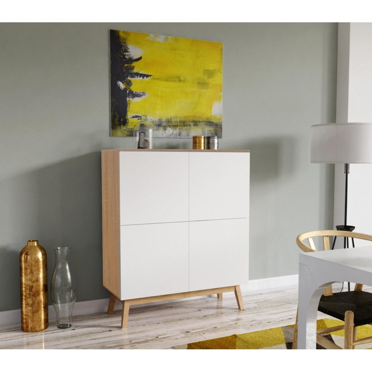 HIGBOARD HOME/ Aufbewahrungsmöbel mit 4 Türen - Weiß und Eiche gebleicht dekor - Multicolor, Holzwerkstoff (100/120/42cm) - Weber Industries