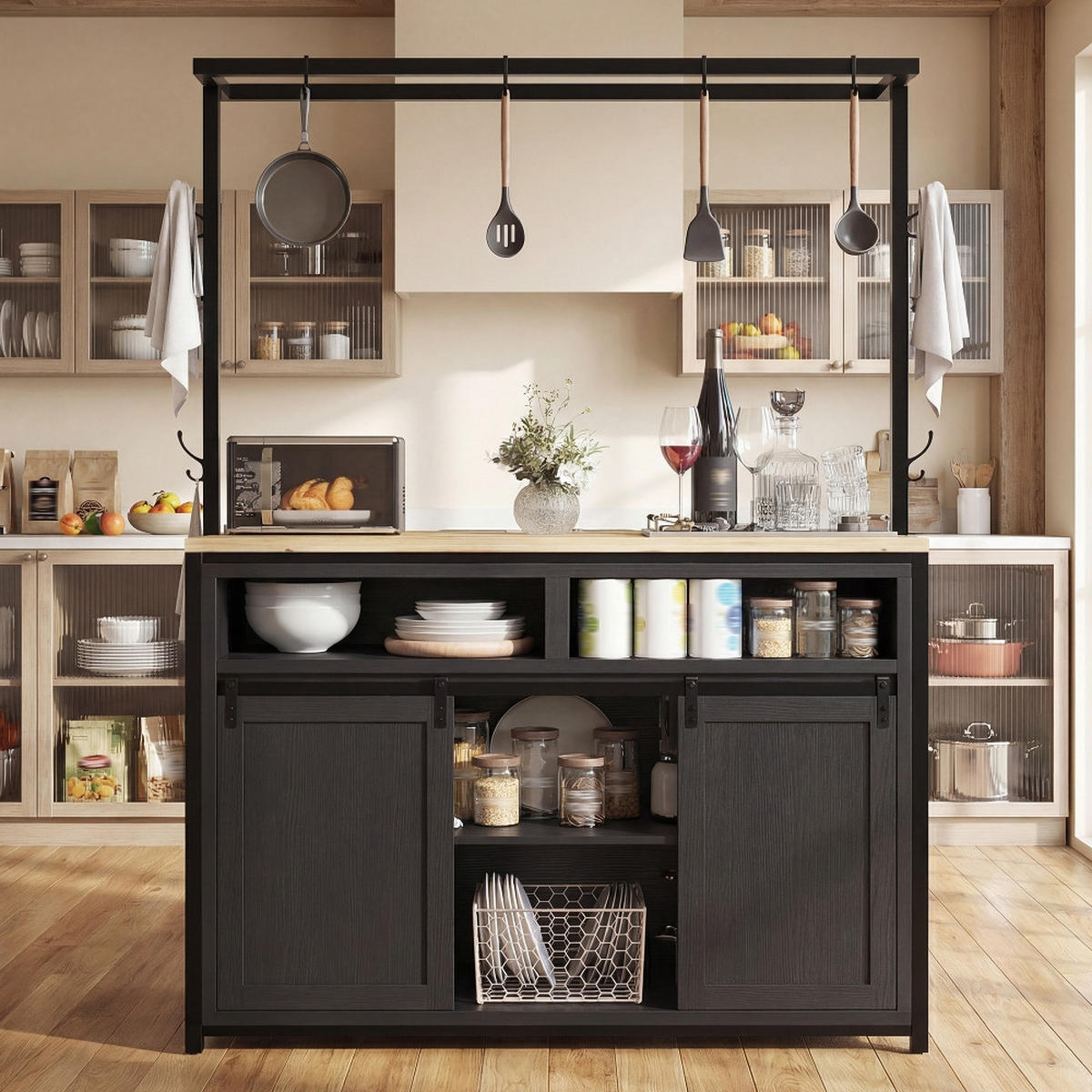KÜCHENINSEL Küchenschrank mit Arbeitsplatte STROMANSCHLUSS Holzoptik Schwarz 107/62/183 cm - Schwarz, Kunststoff (62/183/107cm) - Rolipo