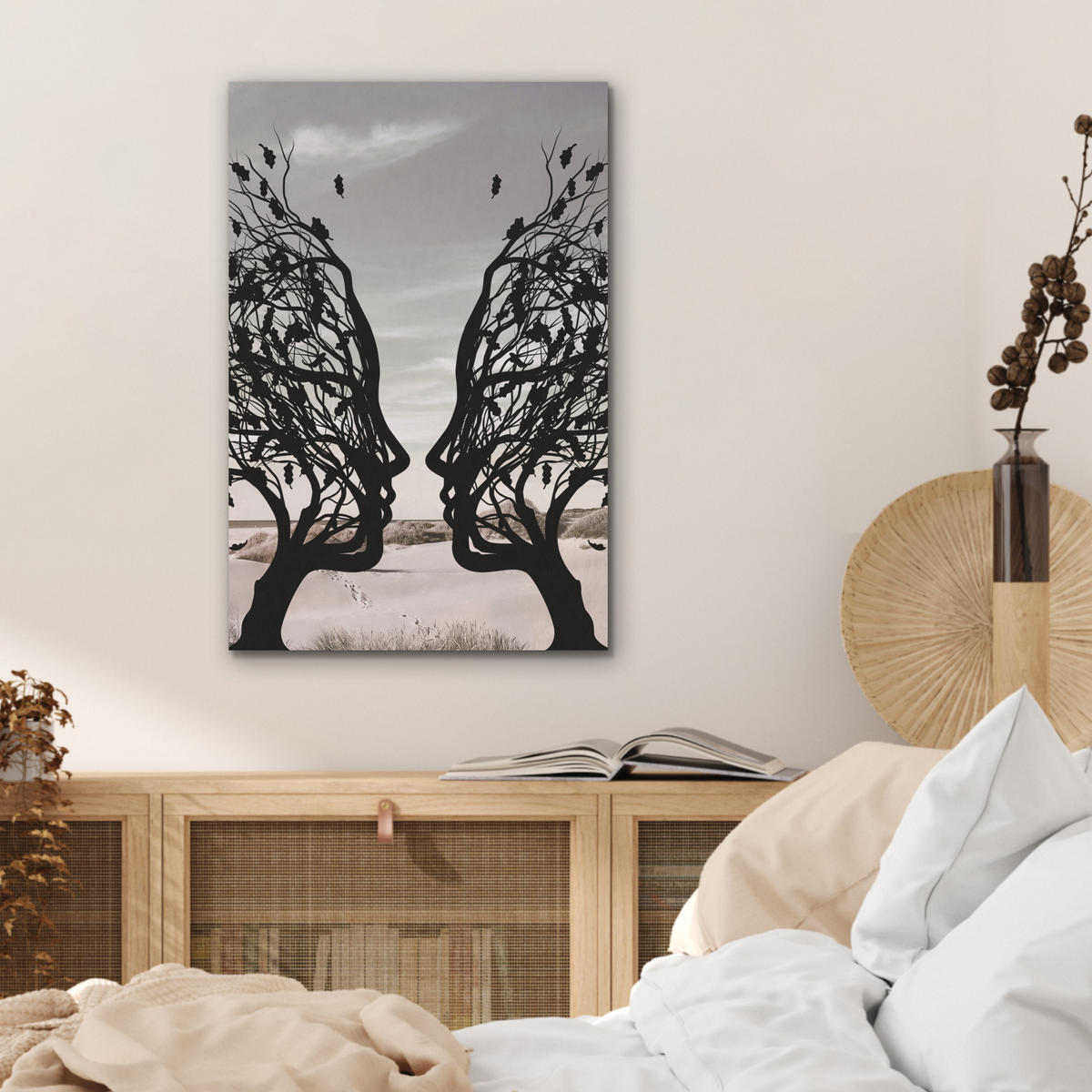 AKUSTIKBILD Strand - Meer - Menschen - Baum - Moderne Kunst Kunstdruck Schlafzimmer 50x70 cm - Hellgrau, Kunststoff (50/70/0.9cm) - MuchoWow