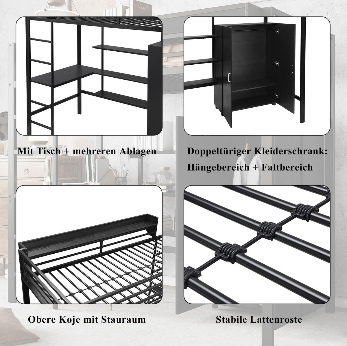 ETAGENBETT aus Metall und Spanplatte 90x200 cm Schwarz mit Tisch, Kleiderschrank und 5-stufiger Leiter - Weiß, Metall (90/200cm) - Modfu