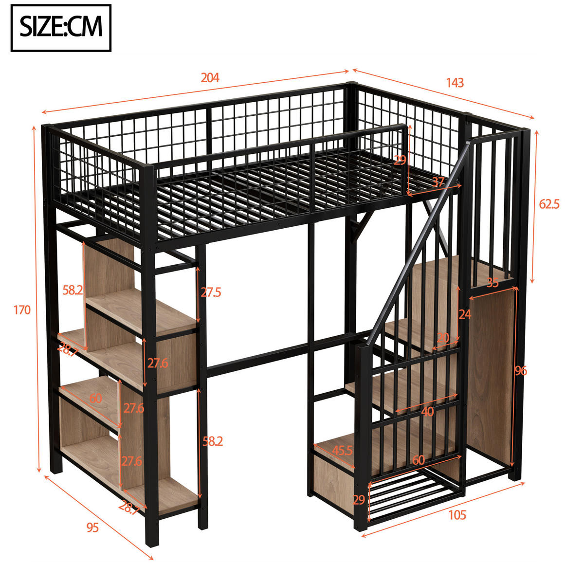 HOCHBETT 90/200 cm Schwarz aus Metall und Holzwerkstoff mit Stauraumtreppe - Schwarz, Metall (90/200cm) - OKMYHOME